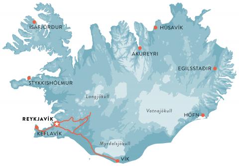 Karta - resa Klassiska sydkusten och Reykjavik